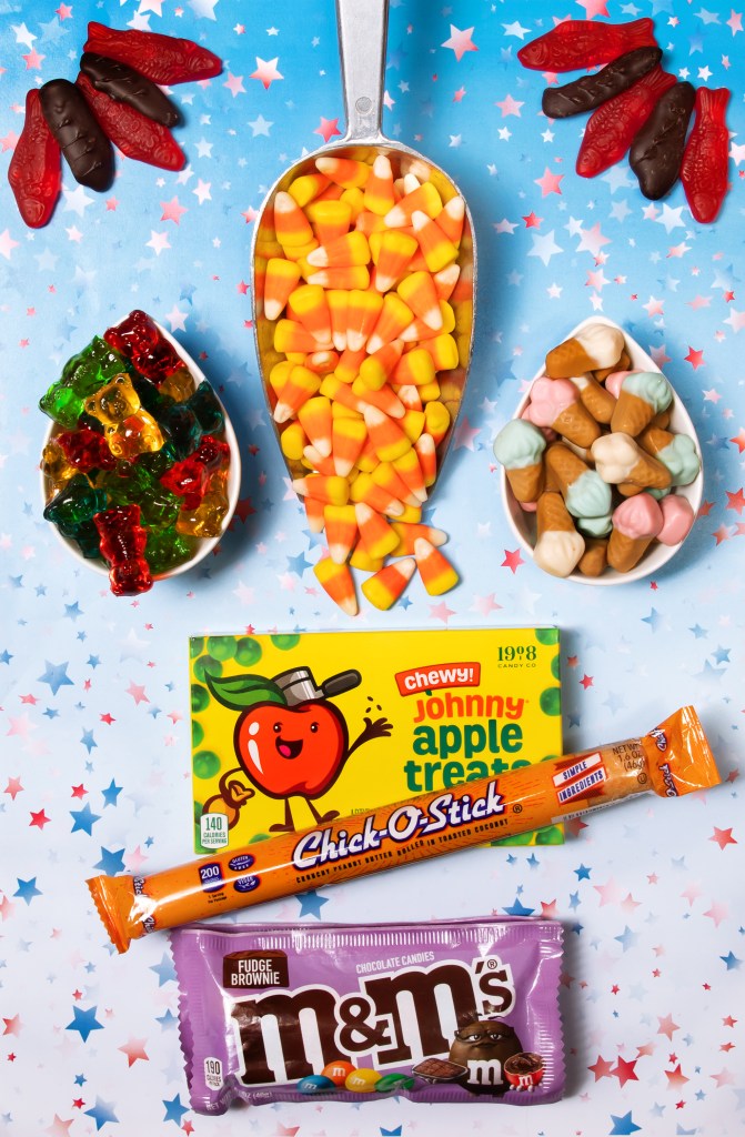 Assortment of presidential treats -  Swedish fish, gummy ice cream cones, gummy bears, chocolate covered ginger, Johnny Apple Treats, Chick-O-Stick