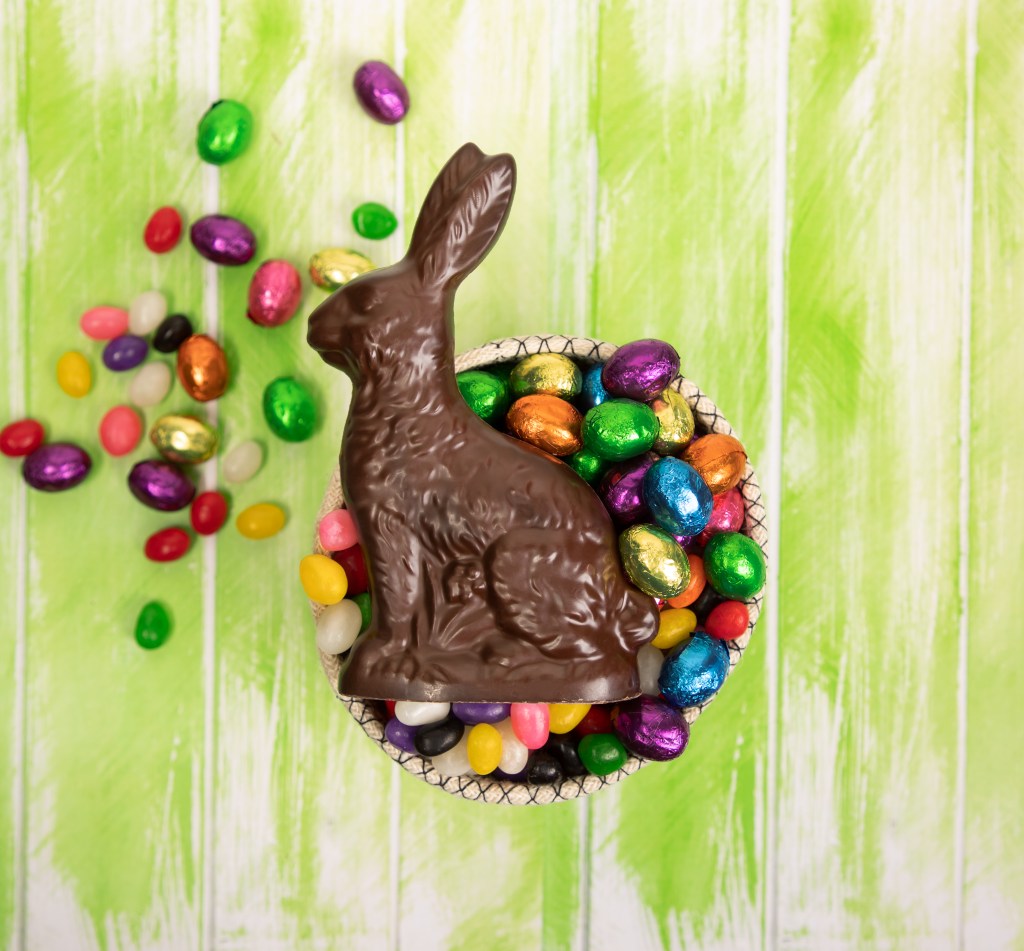 Easter candy, Easter bunny, chocolate bunny, Easter basket, jelly beans, chocolate eggs, 