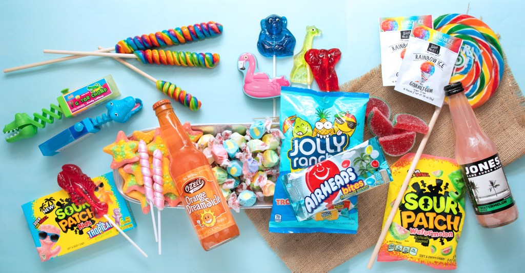 summer snacks, travel snacks, tourist snacks, packaged snacks, tropical flavors, twist pops, tropical gummies, Jolly Ranchers, Sour Patch Kids, unicorn pops, Whirly pops, twist pops