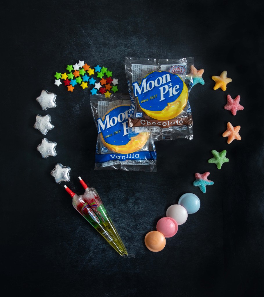 I'm over the moon for you, star candy, Astro Pops, Moon Pies, Satellite wafers