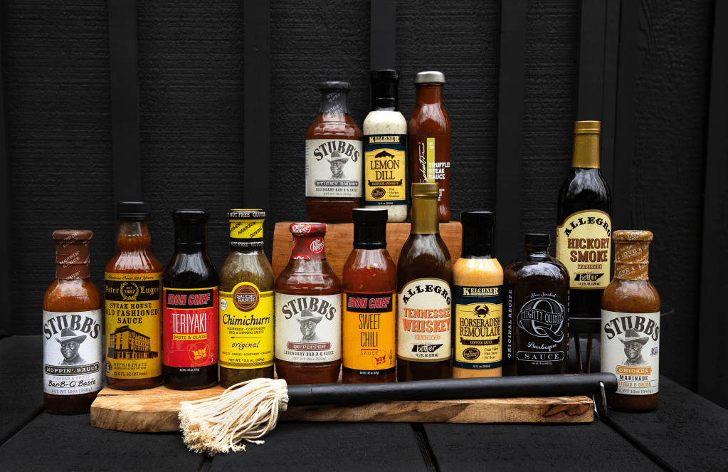gourmet barbecue sauce, Stubb's barbecue sauce, Mighty Quinn's Barbecue sauce, Chimichurri, Gaucho Ranch Chimichurri, Klechner's Remoulade, Iron Chef Sauces, Allegro Barbecue Sauce, Steak sauce, Truffle steak sauce, Peter Luger Steak Sauce