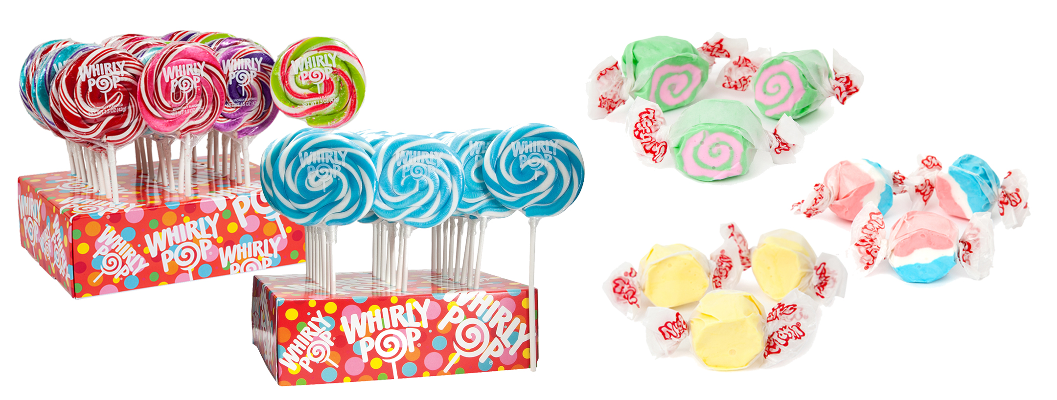 Nostalgic candies like whirly pops and Taffy Town Salt water taffy create an old time candy store vibe in your seasonal business.