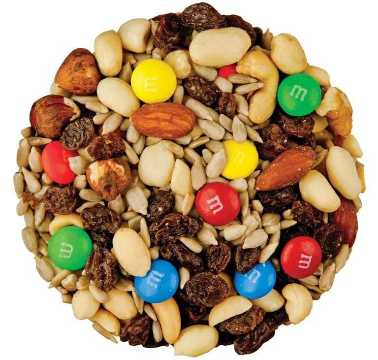 Nassau Candy Rainbow Delight Mix with M&Ms, nuts, seeds, chocolate, and raisins